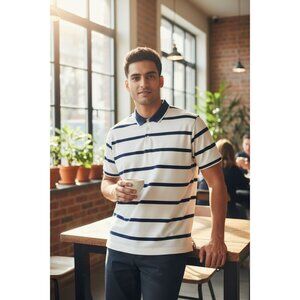 Abercrombie & Fitch Air Knit Polo Shirt White & Navy Stripes Mens SMALL